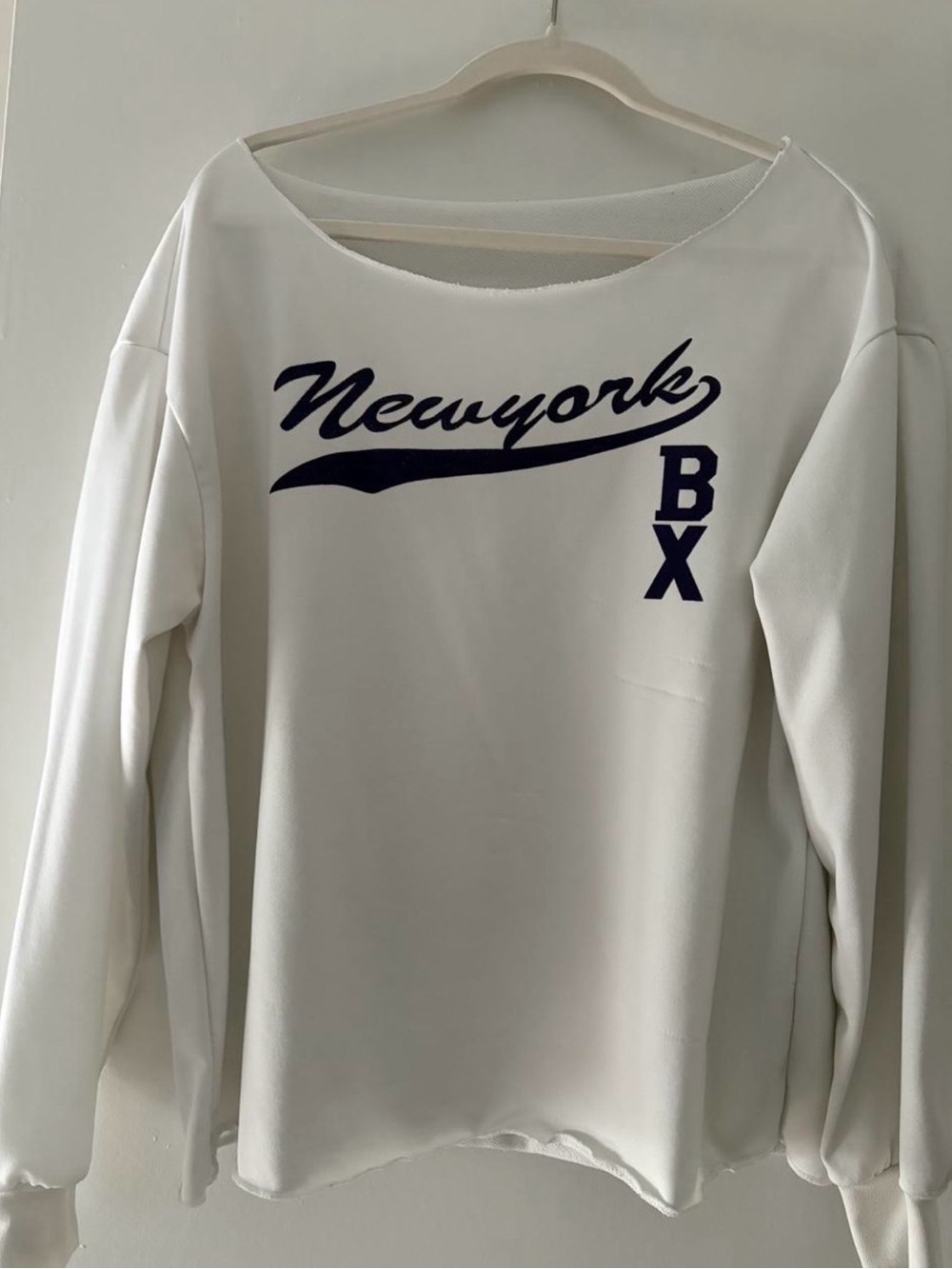 SHEIN White Off-Shoulder Newyork BX Graphic Sweater